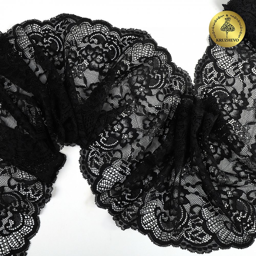 Кружево бельевое эластичное 190 мм / 10 м, 6392, цв.02 черный, Kruzhevo
