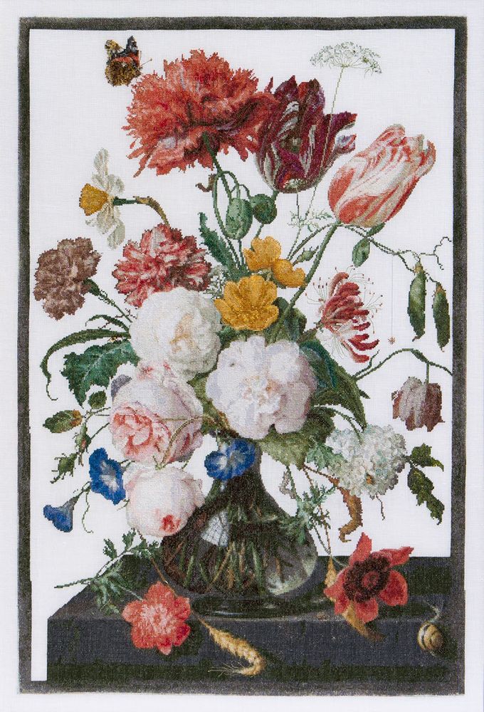 Thea Gouverneur, Цветы в стеклянной вазе, канва лен 32 ct, 72х49 см