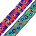 Лента (тесьма) жаккардовая 33.0 мм / 7 метров, бирюза с цветами, 11823