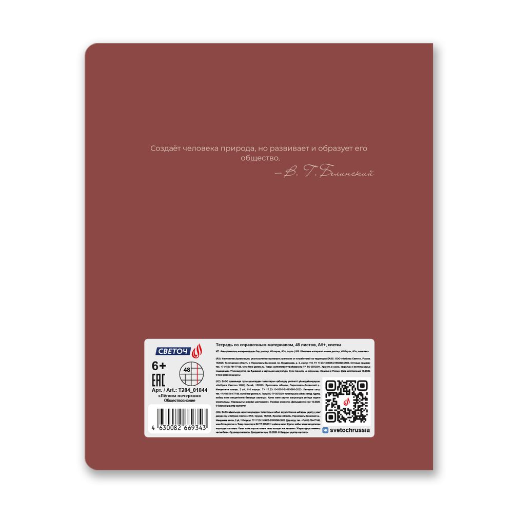Тетрадь со справочным материалом Лёгким почерком, софт-тач ламинация, A5 48 л. на скобе 65 г/м², белизна 100% 10 шт, клетка, 01844 Лёгким почерком Обществознание, Светоч Т284