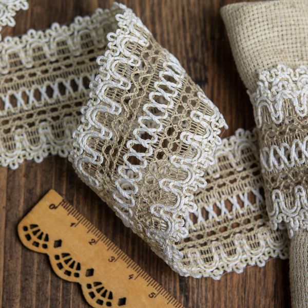 Кружево вязаное (тесьма) 57 мм / 10 метров, 6657/10Т цв.201 лен с белым, Kruzhevo