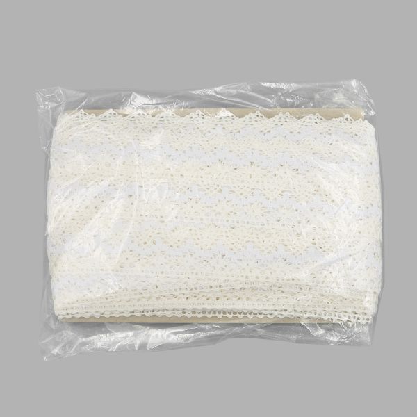 Кружево вязаное (тесьма) 35 мм / 25 м, беж/бел, одностороннее