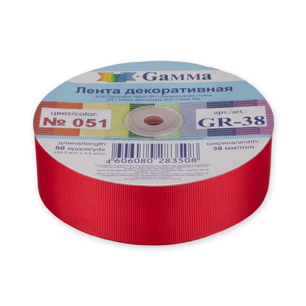 Лента репсовая (в рубчик) 38.0 мм / 45.5 метра, 051 красный, Gamma GR-38