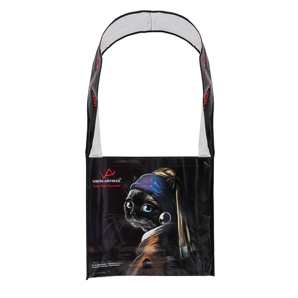 Сумка-шоппер сувенирная 37х40х10 см, 100% полиэстер, Кошка с жемчужной сережкой, Vista-Artista VASHOP-01