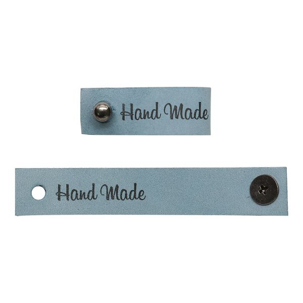 Бирка кожаная с кнопкой Hand Made 1,3х7см, уп.4 шт (голубой)