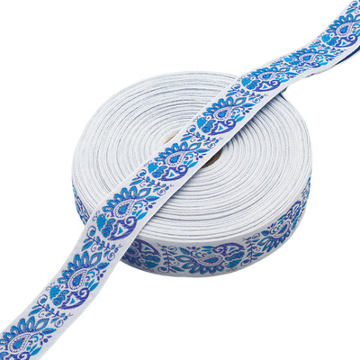 Лента (тесьма) жаккардовая 32.0 мм / 25±1 метров, Славянский орнамент Оберег, рис.9017 (4 белый/синий/голубой) С3774Г17