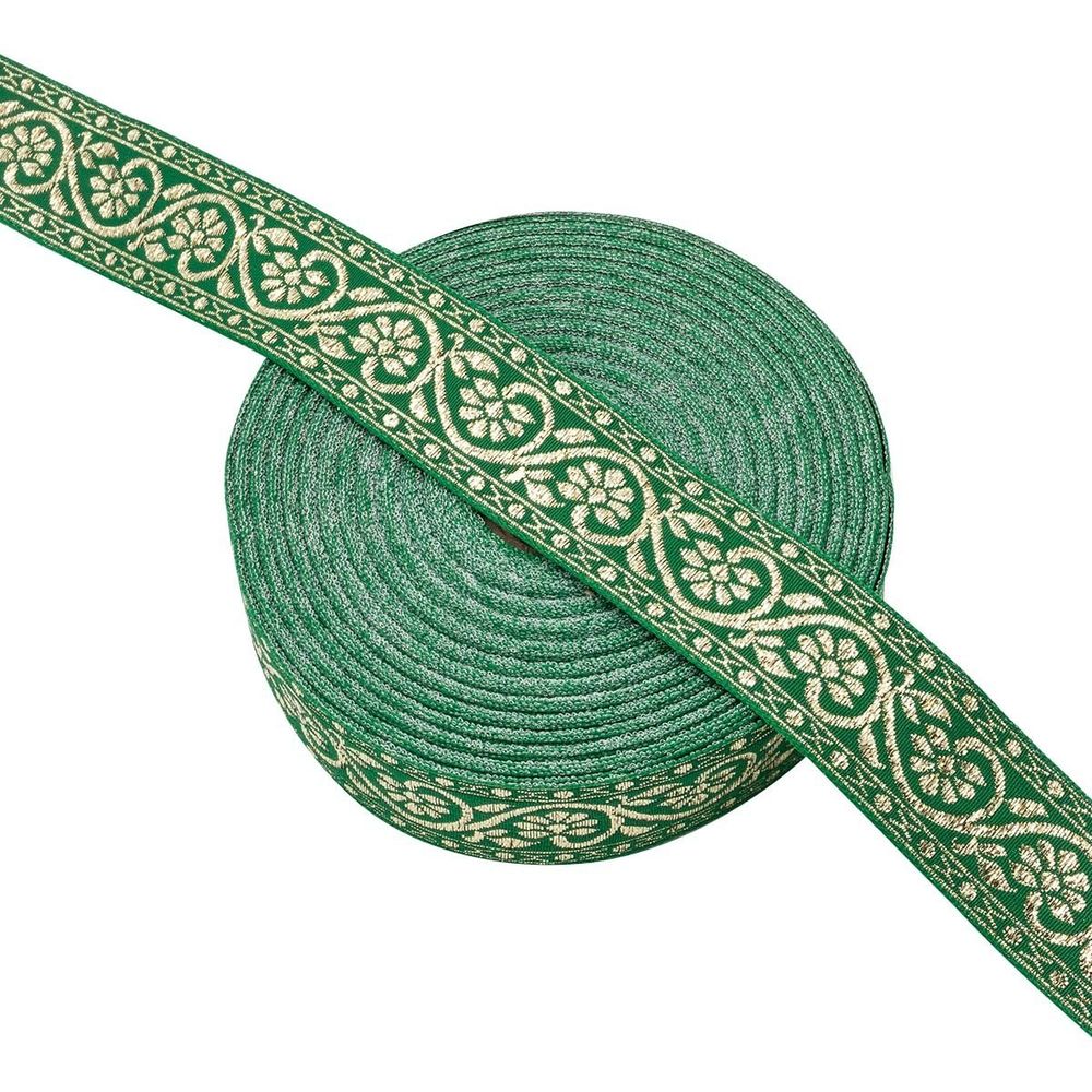 Лента (тесьма) жаккардовая 32.0 мм / 25±1 метров, с метанитом рис. 9819, зеленый/золото, С3104Г17