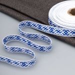 Лента (тесьма) жаккардовая 18.0 мм / 25 метров, Славянский орнамент Оберег, рис. 9711, белый / синий, С3771Г17