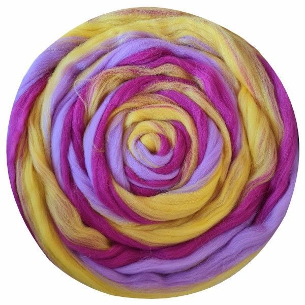 Шерсть для валяния Троицкая Гребенная лента (100%полутонкая шерсть) 100г цв.1509 мультиколор (жёлтый, св.фиалка, т.цикламен)