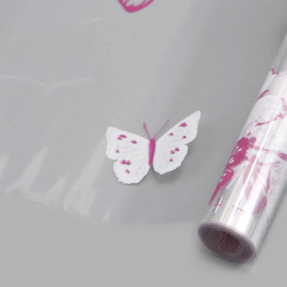 Пленка прозрачная двухцветная с рисунком Бабочки бело-фуксия 70 см / 9.14±5% метра