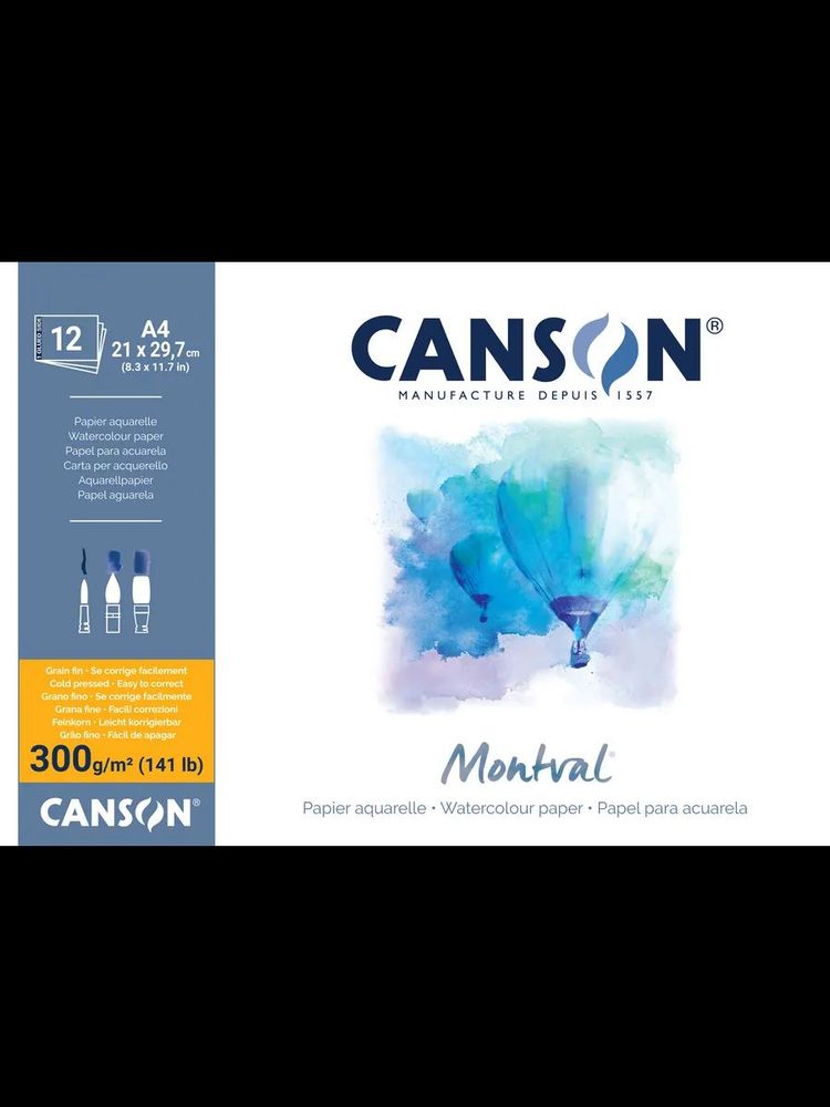 Альбом для акварели Montval 100% целлюлоза 300 г/м², A4 21х29.7 см, склейка с одной стороны 12 л, мелкозернистая, Canson, C518408000