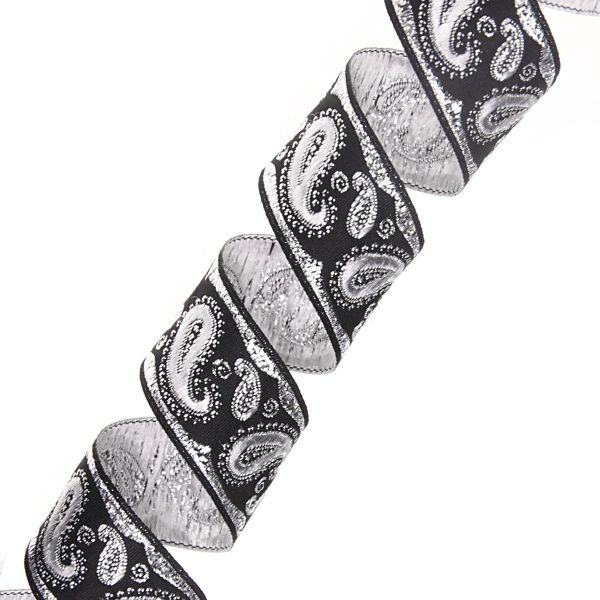 Лента (тесьма) жаккардовая 22.0 мм / 10±0.5 метров, Пейсли, 22807 черный/серебро