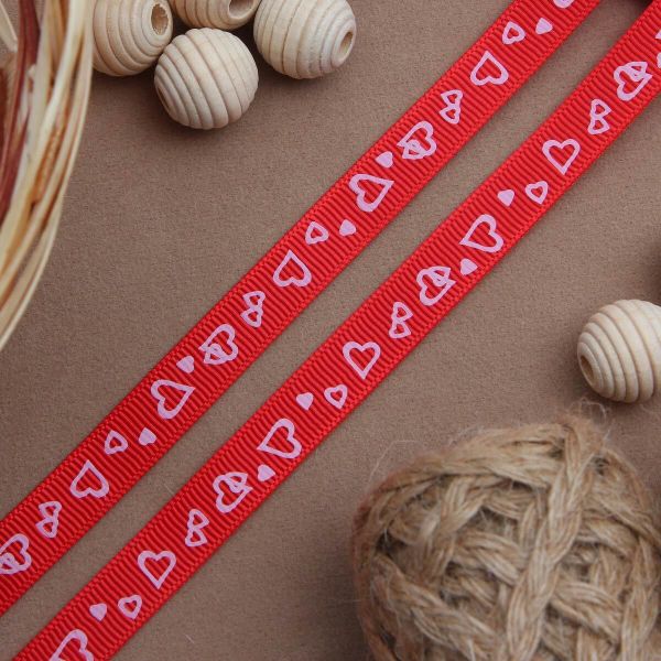 Лента репсовая (в рубчик) Сердечки, 10 мм, 3м, красный
