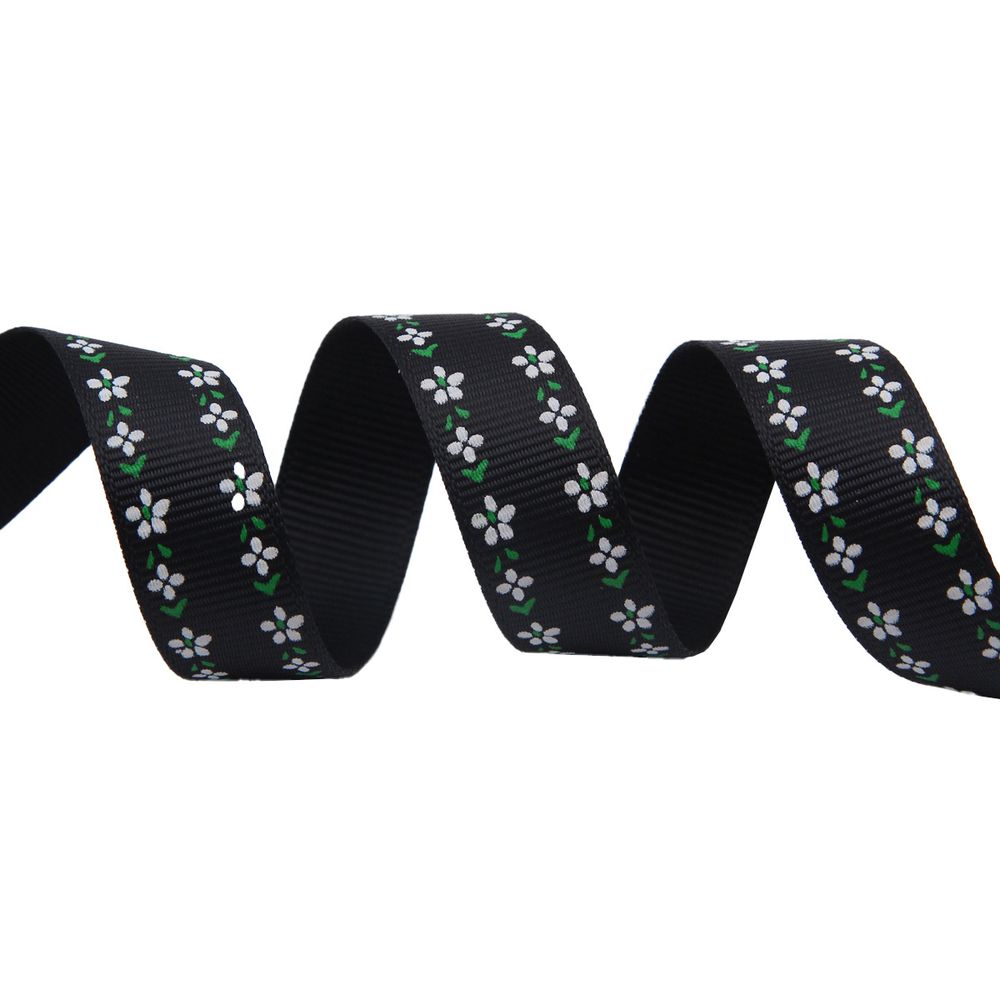 Лента репсовая (в рубчик) Цветочный орнамент 1,5см*22.86 м (черный)