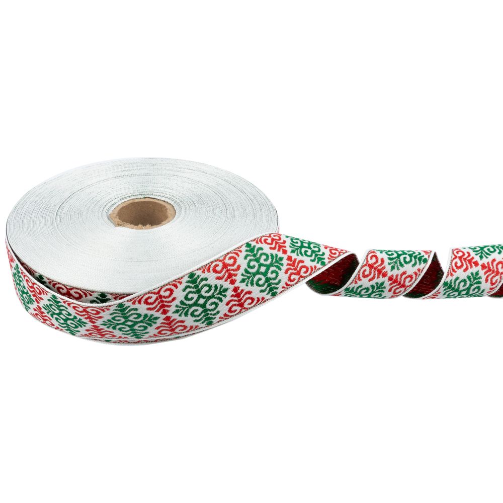 Лента (тесьма) жаккардовая 32.0 мм / 25 метров, Орнамент для северных народов, рис 9788 белый-зеленый-красный, Gamma С3774