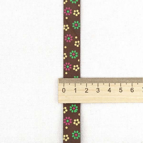 Лента репсовая (в рубчик) с принтом 15.0 мм / 45.72 метра, Цветочки мелкие 2, 15147 коричневый