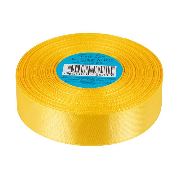 Лента атласная 1-сторонняя 25.0 мм / 33±2 метра, №020 желтый, в термоплёнке, Gamma