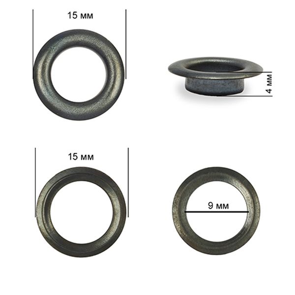 Люверсы металл ⌀_9.0 мм (внутр.), внешн. ⌀15 мм (внутр.), h4 мм (внутр.), №24, сталь, цв.оксид, 500 шт, TBY