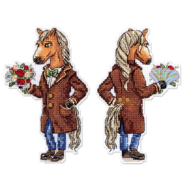 Набор для вышивания нитками МП Студия Р-1328, на пластиковой канве Конь в пальто, 13х8 см