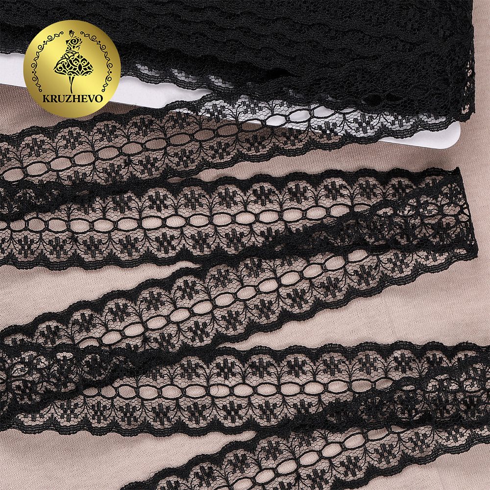 Кружево отделочное в стиле "трикотаж" 28 мм, диз. 925, цв.10 черный, уп. 27,4 м