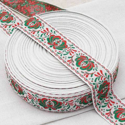 Лента (тесьма) жаккардовая 32.0 мм / 25±1 метров, рис. 9581 Гжель, (4 белый/красный/зеленый) С1853Г17