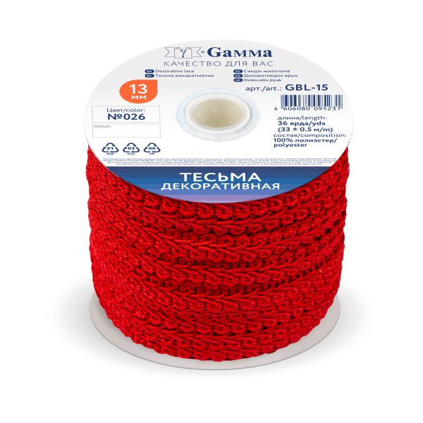 Тесьма декоративная Gamma Булет GBL-15 13 мм, 33 м,±0.5 м, 026 красный