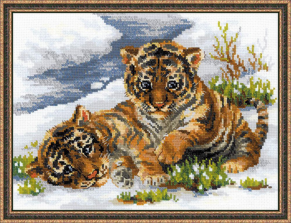 Набор для вышивания нитками Риолис, Тигрята в снегу 40х30 см
