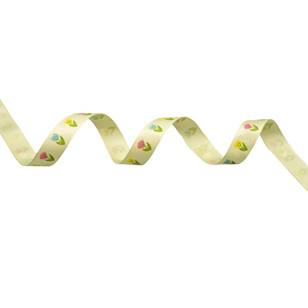 Лента репсовая (в рубчик) Тюльпаны, 15 мм, 22,5м (зеленый)