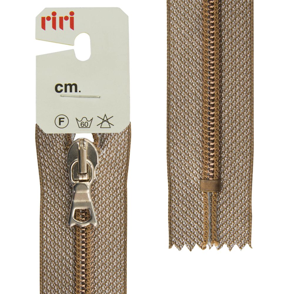 Молния спиральная (витая) RIRI Т6 (6 мм), н/раз., на люрексной ленте, 18 см, цв. тесьмы кофейный, упак. 5 шт