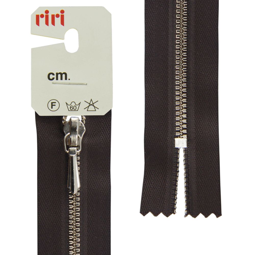 Молния металлическая RIRI Т3 (3 мм) Ni, слайд.Tropf, н/раз., 18 см, цв. тесьмы 2226, темн. шоколад, упак. 5 шт