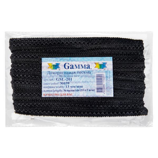Тесьма декоративная Gamma Самбоса GSL-201 13 мм, 33 м, 039 черный