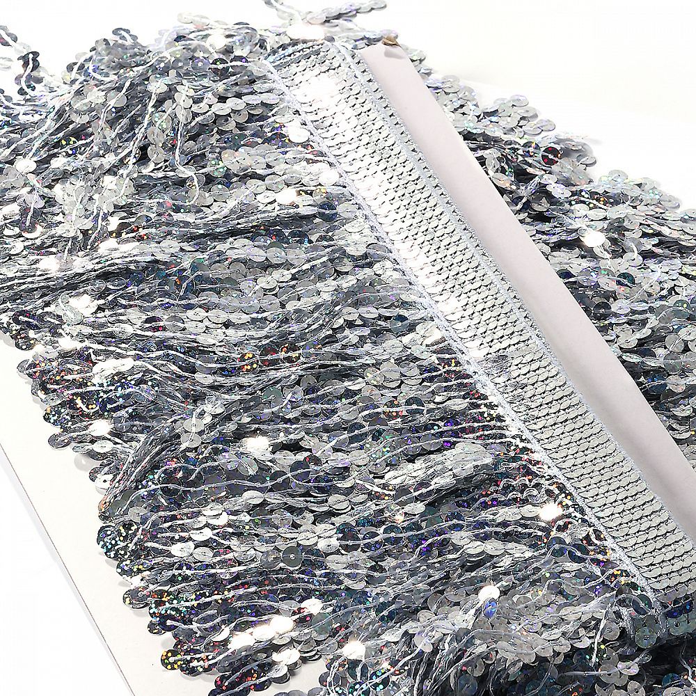 Бахрома отделочная 15.0 мм / 4.5 метра, с пайетками, TBY.11503, цв.серебро