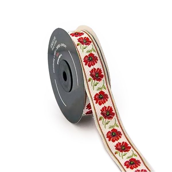 Лента (тесьма) жаккардовая 25.0 мм / 10±0.5 метров, Красные маки, 25940