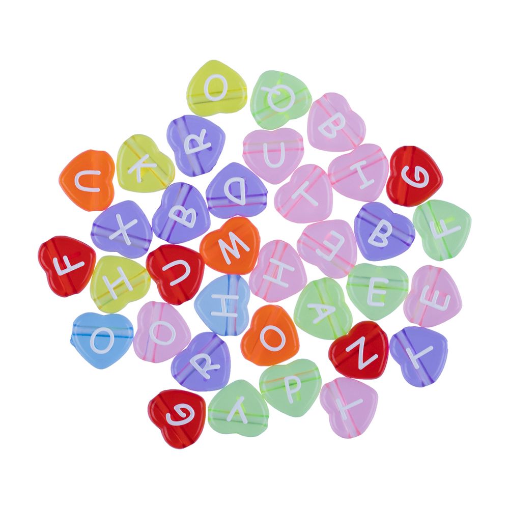 Бусины пластик 4х12 мм, 1000 шт (10х100 шт), №01 прозрачные/цветные сердечки английский алфавит, Hobbius ABFG
