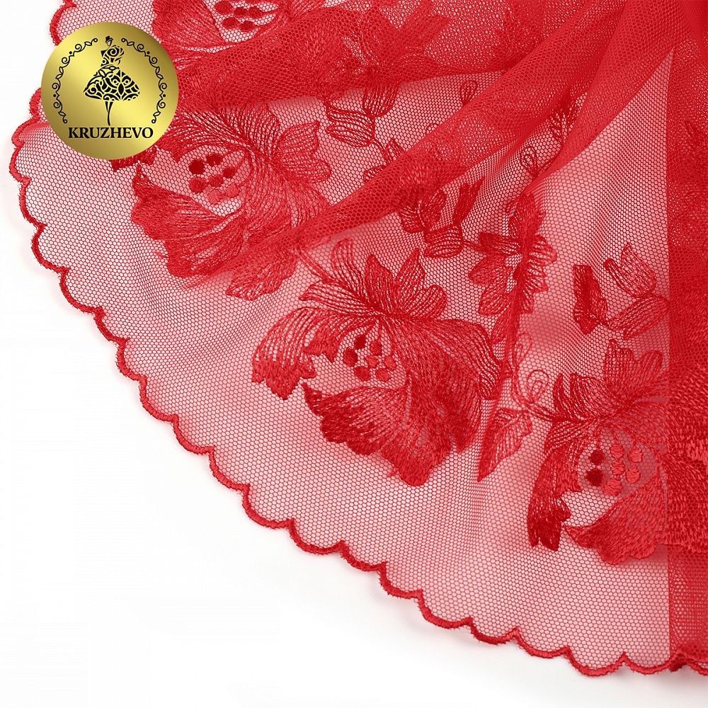 Кружево на сетке широкое 225 мм, OG44, цв.красный, левая уп.6м, Kruzhevo
