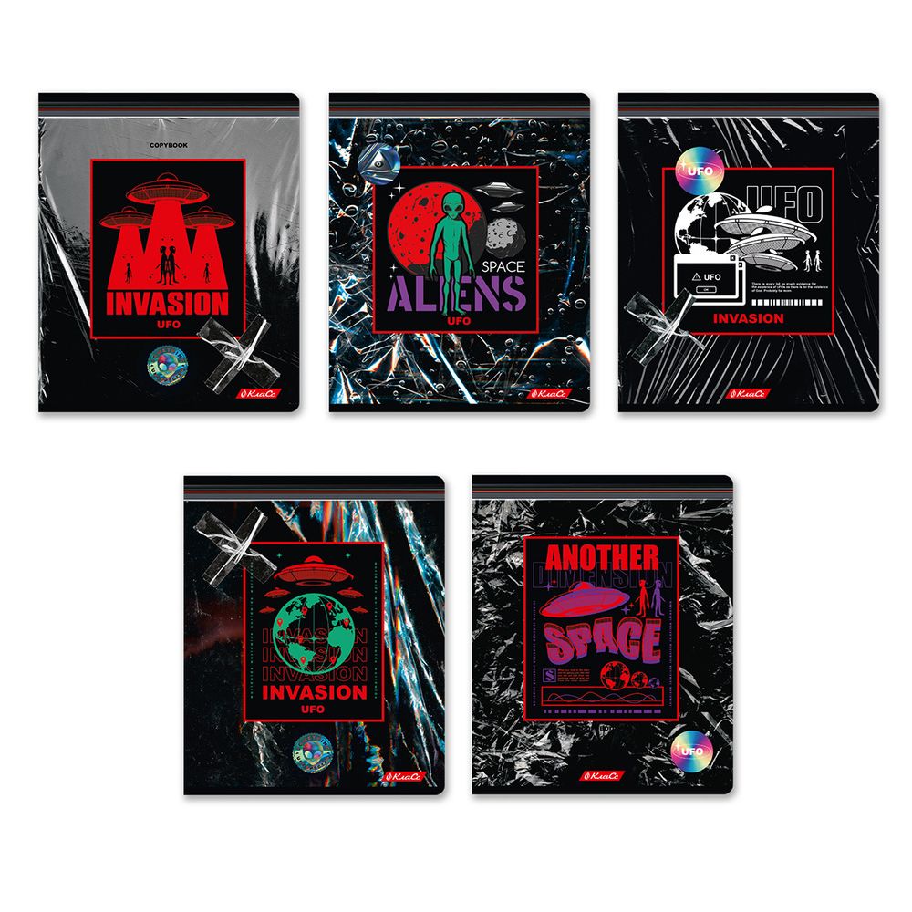 Тетрадь ученическая общая, A5+ 96 л. на скобе 60 г/м², белизна 100%, 5 шт, клетка в термоусадочной пленке, 000776 Вторжение, Светоч 96ТЕТк-001