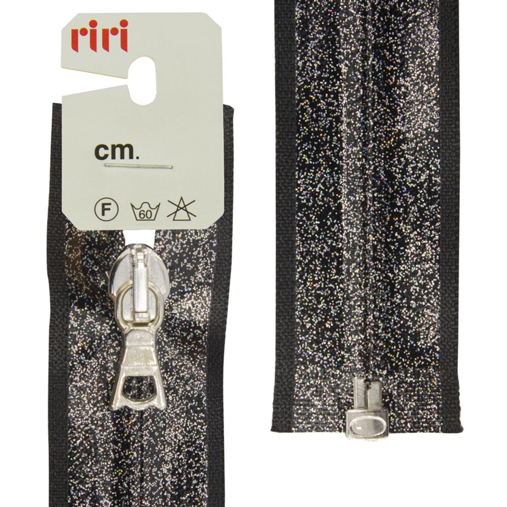 Молния скрытая (потайная) RIRI Т6, 1 зам., разъем., спираль, ламинированная, 6 мм, 65 см, цв. тесьмы черный с блесками, упак. 5 шт