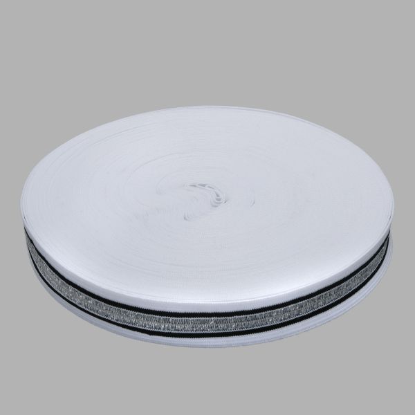 Тесьма лампасная эластичная 20.0 мм / 25 метров, белый/серебро