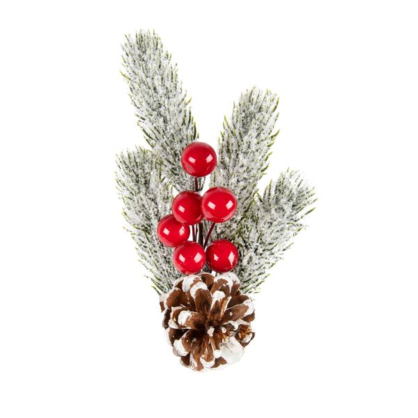 Веточка декоративная заснеженная с шишкой и ягодами 24 см, 3 шт, 01, Blumentag