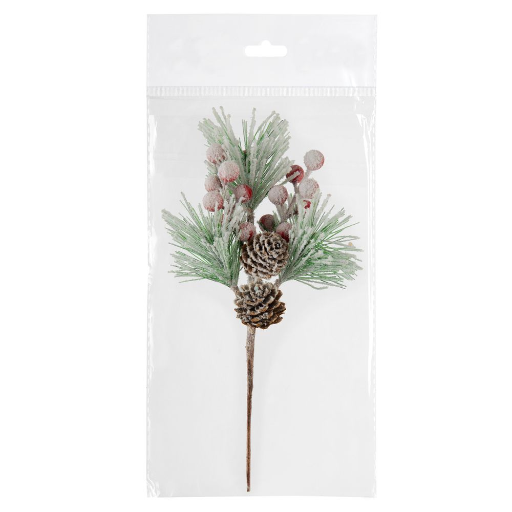 Веточка заснеженная с ягодами и шишками 3 шт, 26 см, 01, Blumentag VDF-124