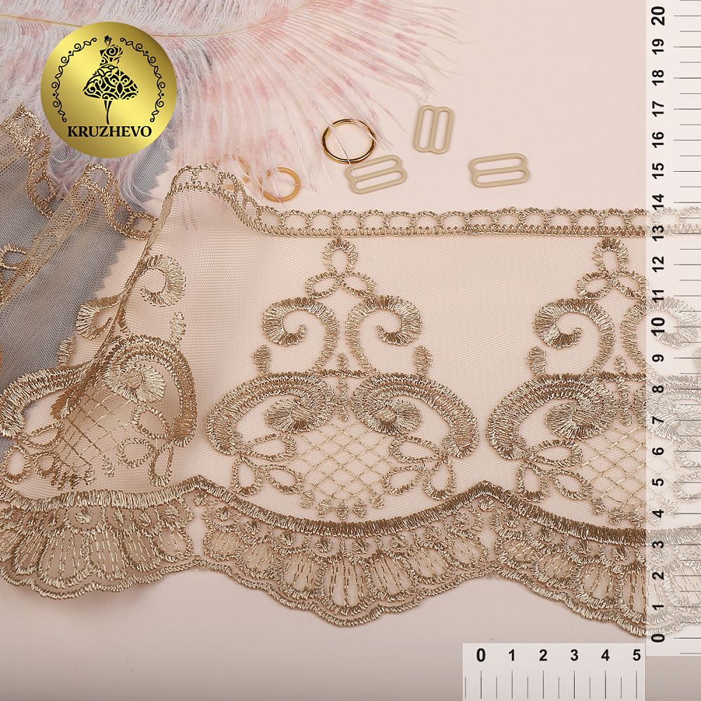 Кружево на сетке широкое 140 мм, диз. 232, цв.N6115 золотисто-бежевый уп. 13.71 м, Kruzhevo