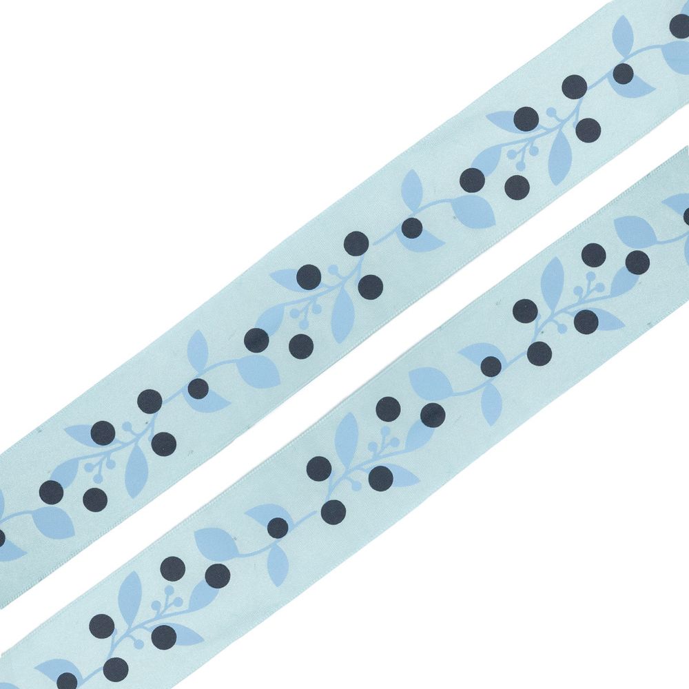 Лента атласная с рисунком 45.0 мм, Ягодная ветвь, 3м (голубой)