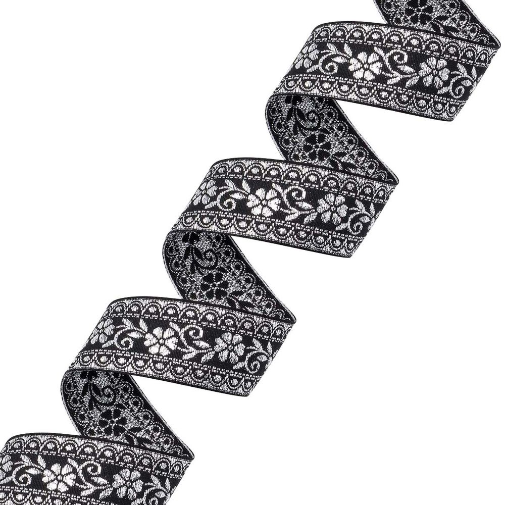 Лента (тесьма) жаккардовая 32.0 мм / 25±1 метров, с метанитом рис. 9842, черный/серебро, С3104Г17