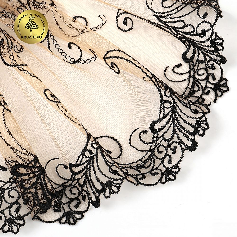 Кружево на сетке (вышитое) арт.T104 220мм цв.черный+телесный, правая уп.6,5м, Kruzhevo