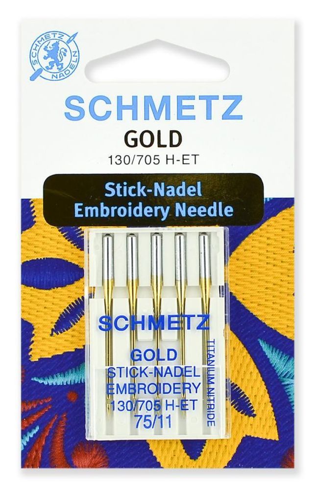 Иглы для швейных машин для вышивки Schmetz Gold 130/750H-ET №75, титаниум, 5шт, 22:70.EB9.VMS, 10 блист.