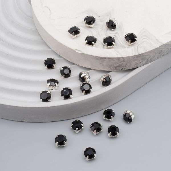Стразы в цапах круглые (шатоны) 6 мм цвет: черный, оправа: серебро, 20 шт\упак, СЦ003НН66