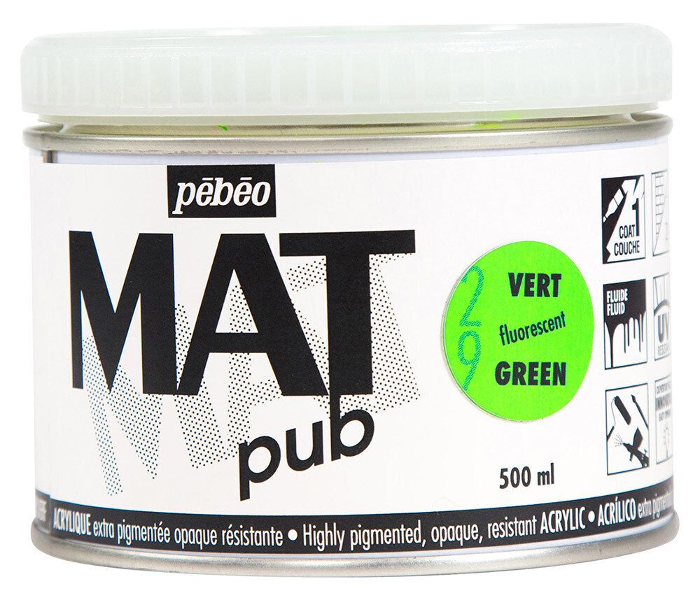 Краска акриловая экстра матовая Mat Pub 3, 500 мл, 257029 зеленый флуоресцентный, Pebeo