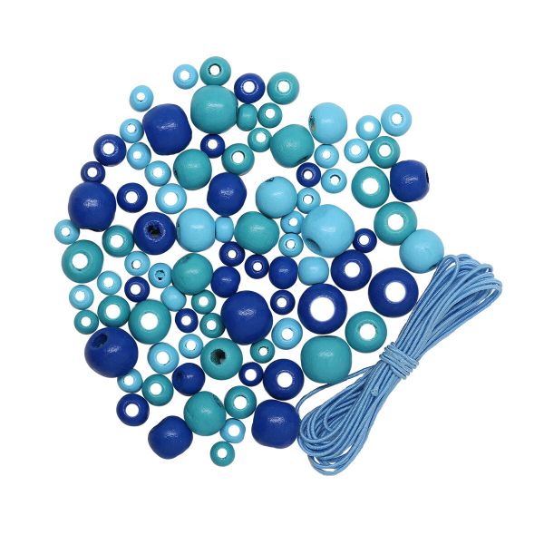 Бусины дерево набор со шнуром 6, 8, 10, 12 мм, голубой микс, 21 г, 90 шт/упак, Astra&Craft, 160815
