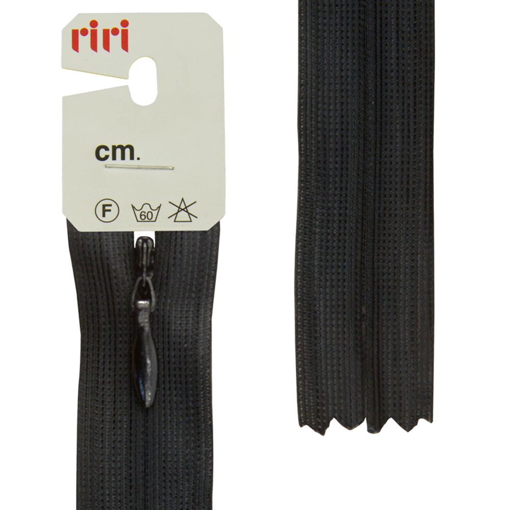 Молния скрытая (потайная) RIRI Т3 (3 мм), н/раз., 22 см, цв. тесьмы 2110, черный, упак. 5 шт