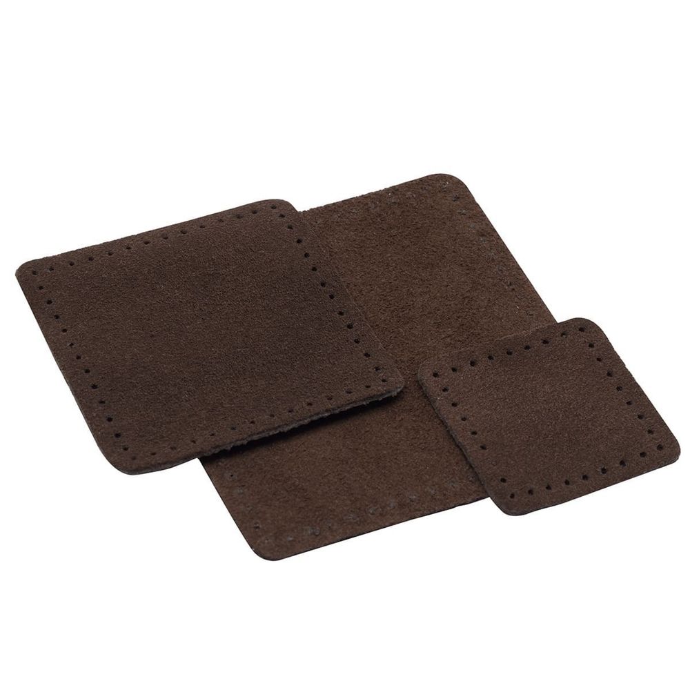 Набор заплаток пришивных из замши, квадрат 4см, 6см и 8см, с перфорацией, 3 шт, 100% кожа (21 темно-коричневый), 59402